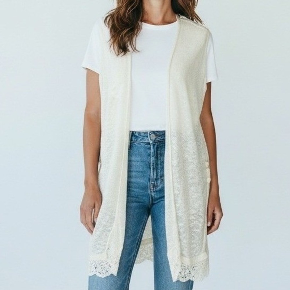 Sleep Sense Womens Kimono Robe M Ivory Mesh Duster Cape CoverUp Sleepwear Lounge